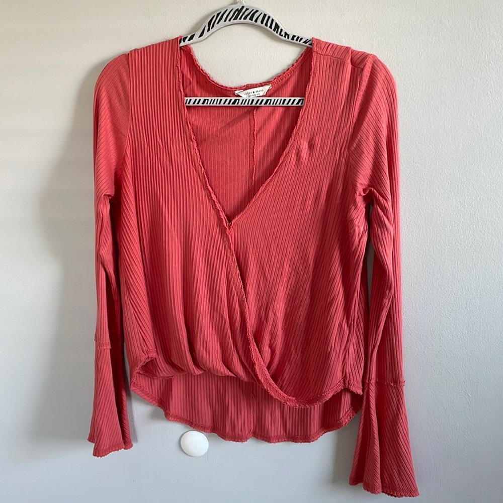 Lucky Brand Coral Ribbed Surplice Long-Sleeve Top
